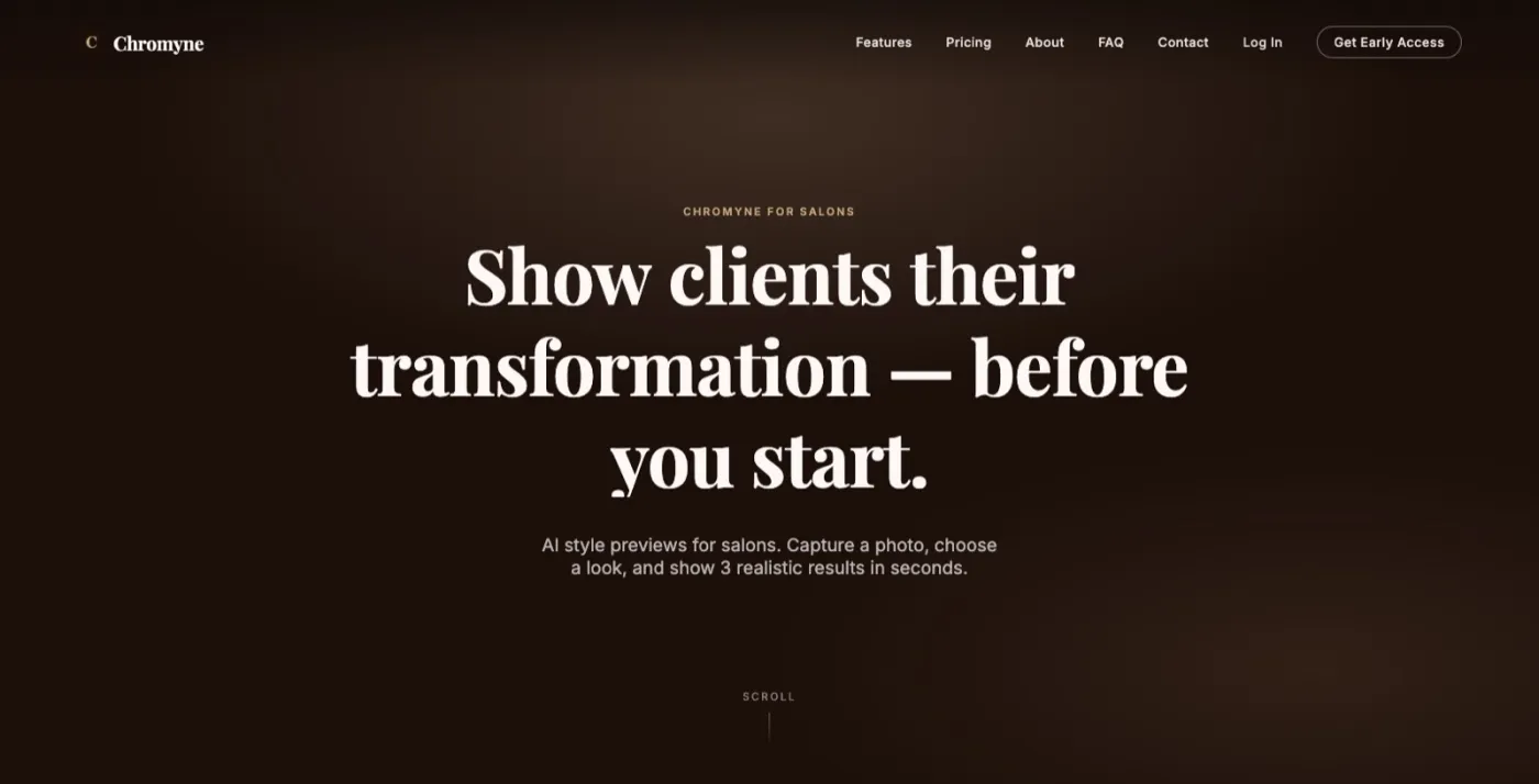 The Chromyne for Salons homepage, headlined “Show clients their transformation — before you start.”