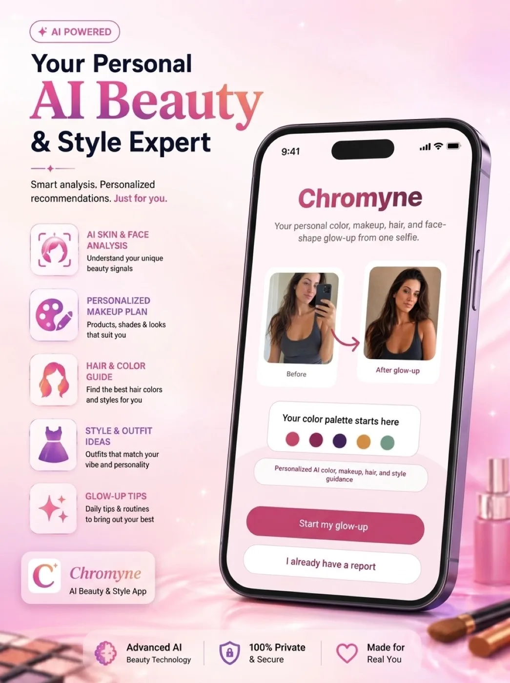 Chromyne welcome screen on an iPhone, listing the app's colour analysis features